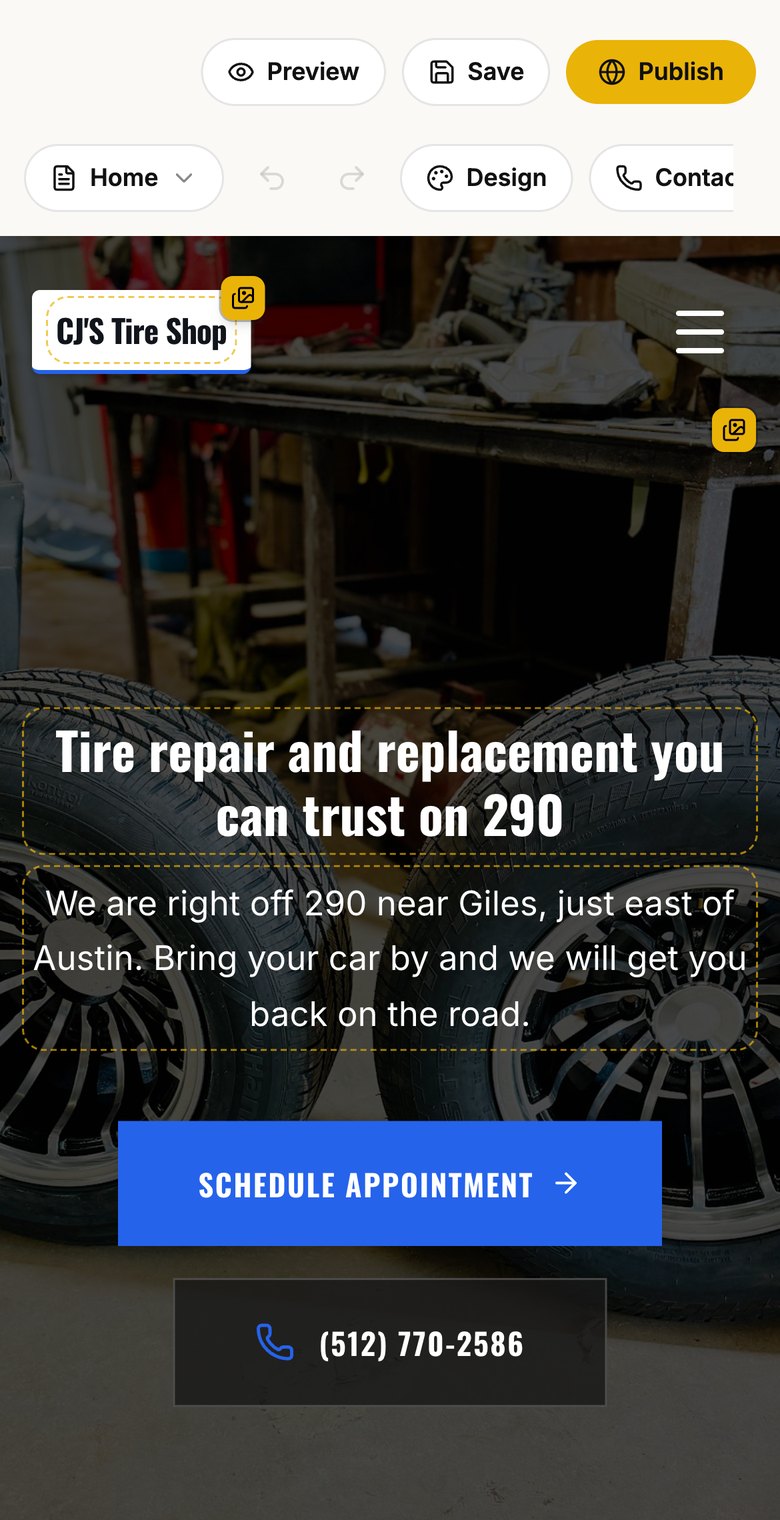 The Contrasite editor on a phone: a tire shop's site with the words and photos marked as editable