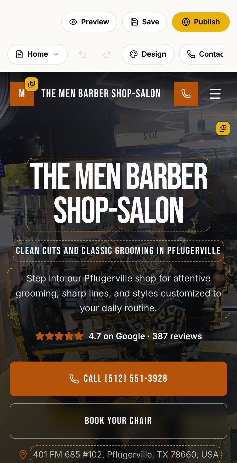 The Contrasite editor on a phone: a barbershop's site with the words and photos marked as editable