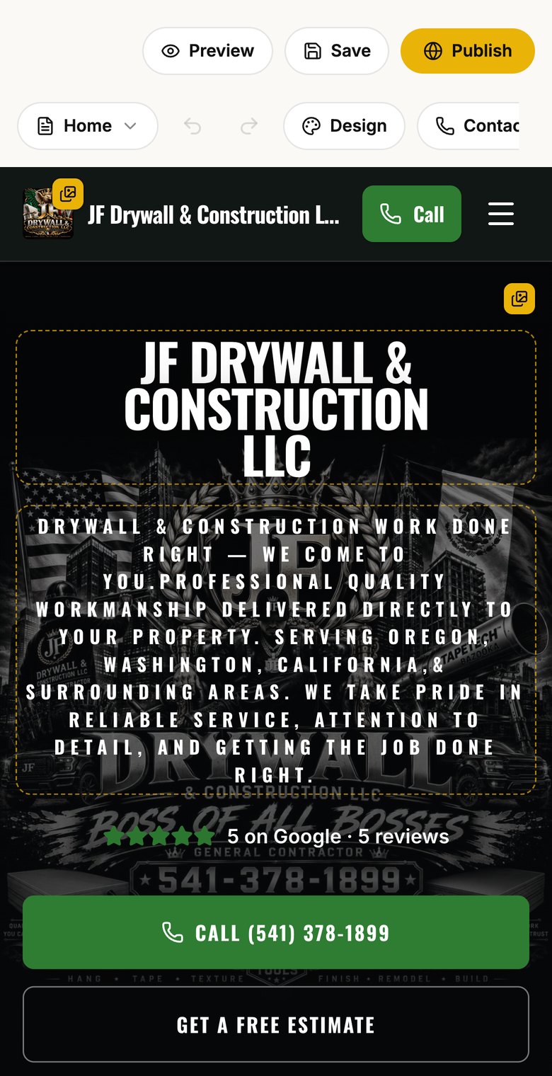 The Contrasite editor on a phone: a drywall company's site with the words and photos marked as editable
