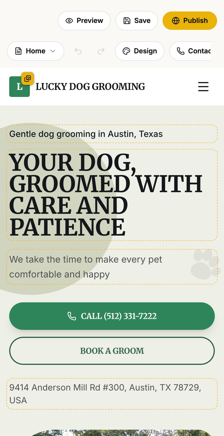 The Contrasite editor on a phone: a dog groomer's site with the words and photos marked as editable