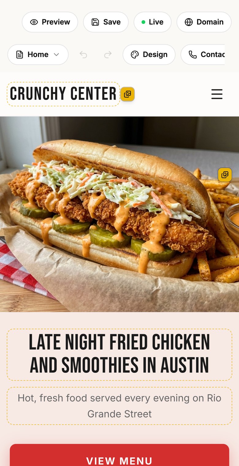 The Contrasite editor on a phone: a restaurant's site with the words and photos marked as editable