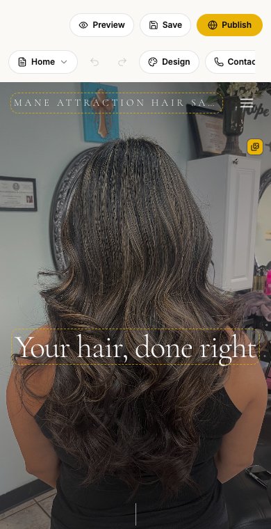 The Contrasite editor on a phone: a hair salon's site with the words and photos marked as editable