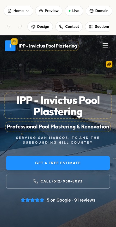 The Contrasite editor on a phone: a pool plastering company's site with the words and photos marked as editable
